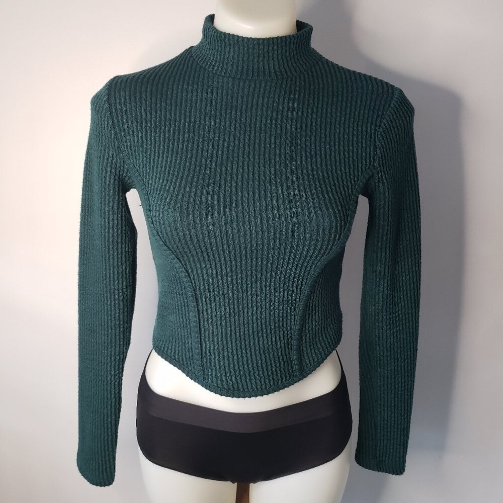 Bershka Green Ribbed Crop Mock Turtleneck Long Sleeve Top